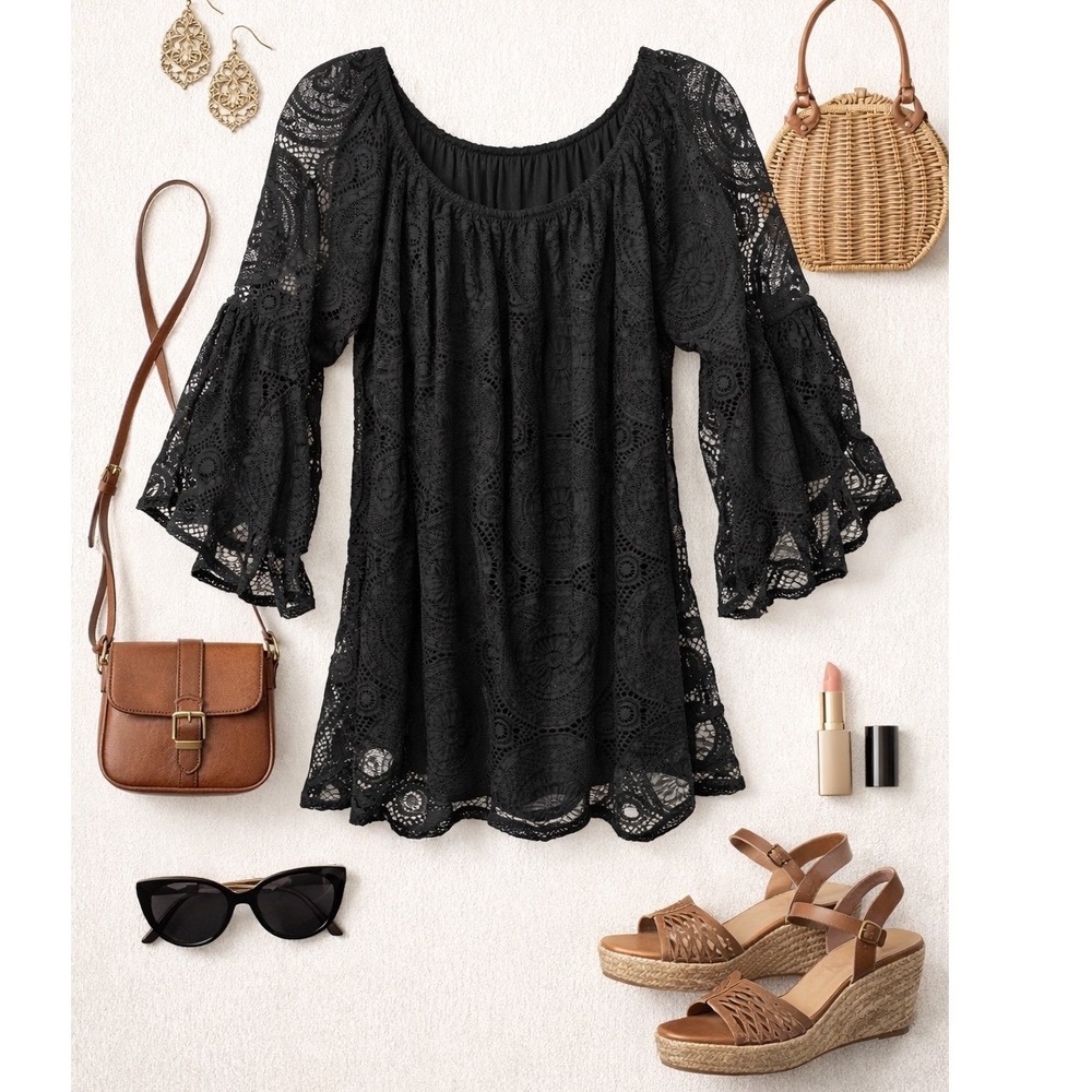 Lildy Full Lace Tunic Black Floral Bell Sleeve Off Shoulder Boho Top NWT L-XL - Picture 4 of 8